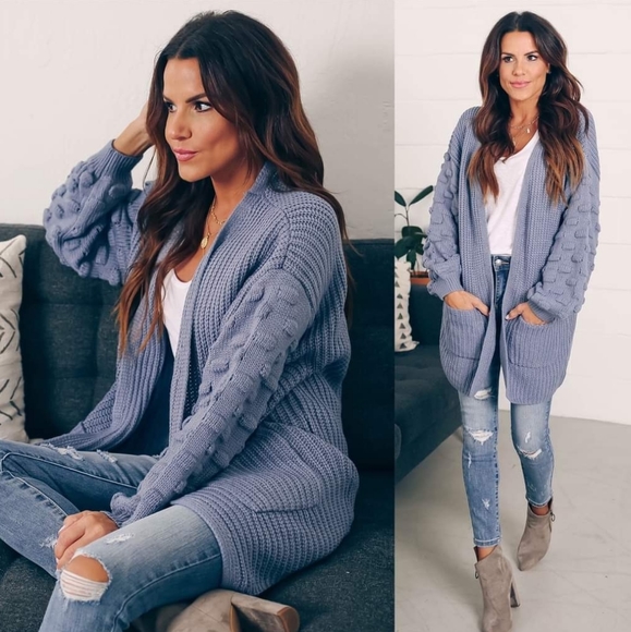 Vici Sweaters - Vici, &Merci, L, Blue, bubble sleeve cardigan